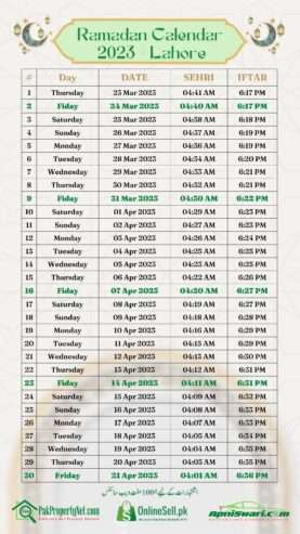 Ramzan Calendar 2023 for Lahore