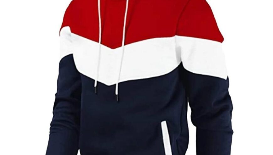Red, white, and blue hoodie with hood. Free home delivery in all of Pakistan.